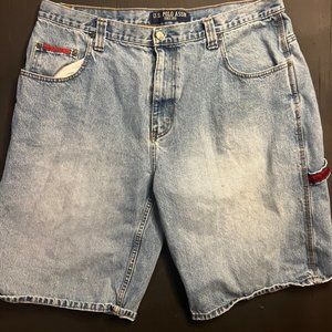 Vtg Y2K US Polo Assn Men 40 Light Blue Denim Carpenter Cargo Baggy Skater Shorts